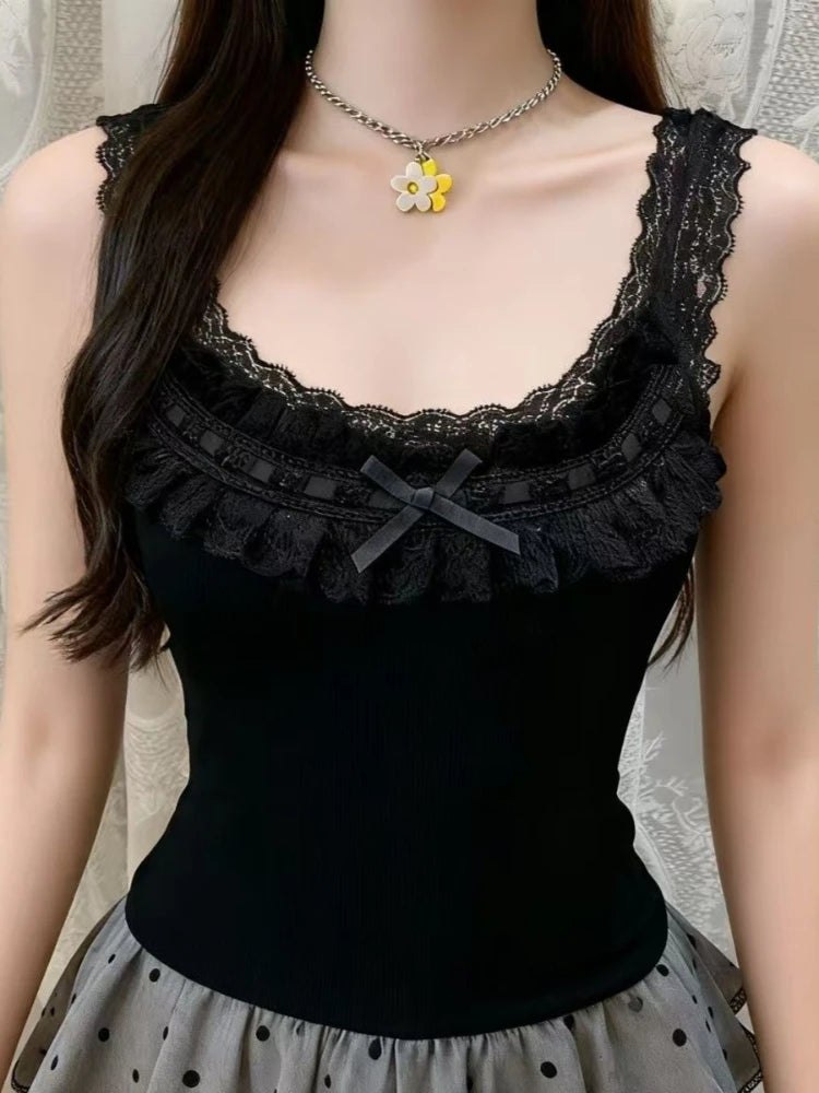 Jirai Kei Black Ribbed Lace Trim Bow Camisole Top with Tulle Skirt Shoptery