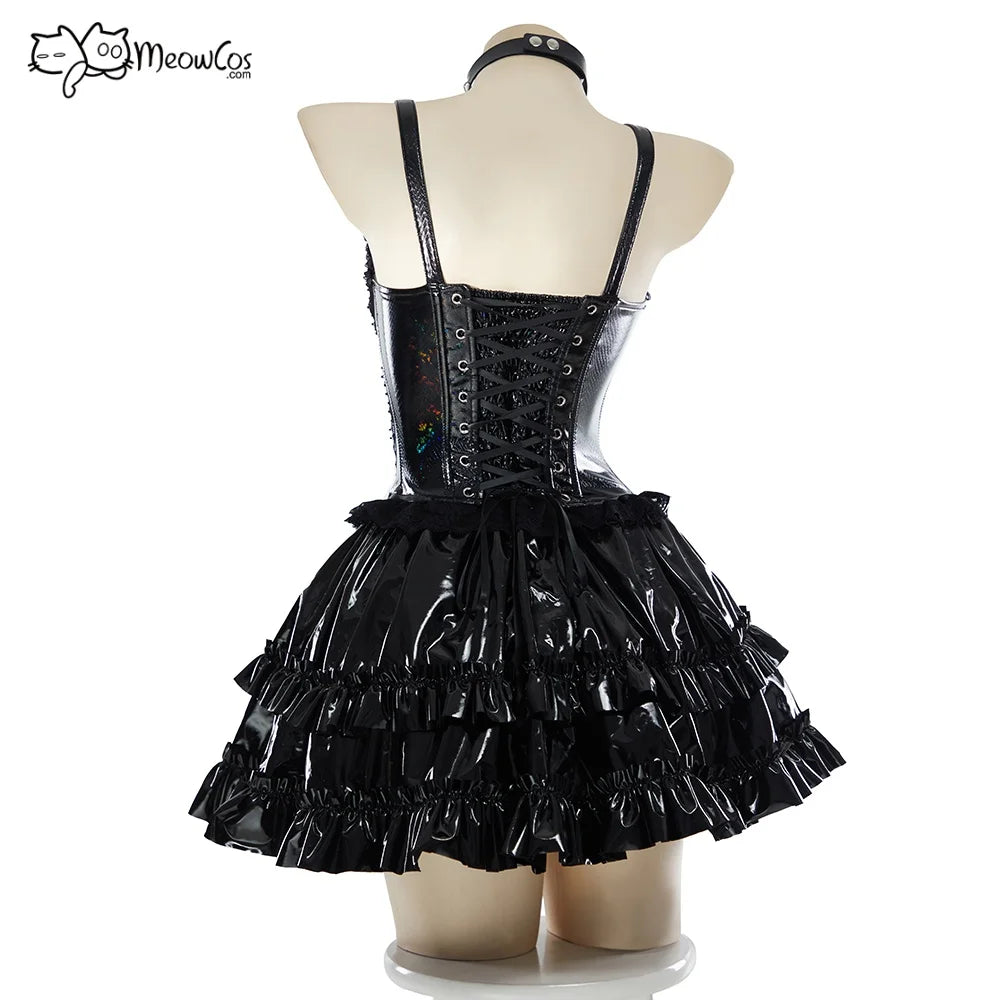 Visual Kei Holographic PVC Corset Ruffle Mini Dress Set Shoptery