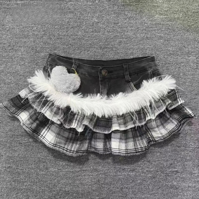 Gyaru Leopard Faux Fur Ruffle Denim Mini Skirt with Pom Charm A10 Shoptery