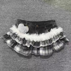 Gyaru Leopard Faux Fur Ruffle Denim Mini Skirt with Pom Charm A10 Shoptery