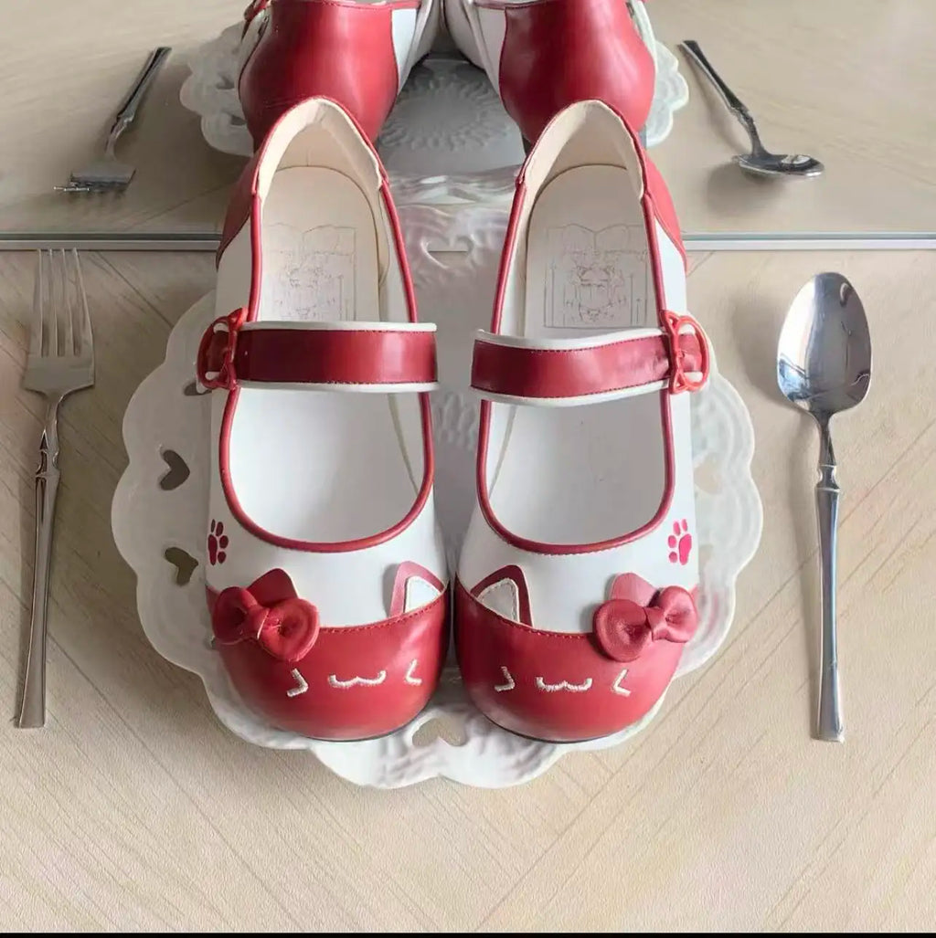 Fairy Kei Pastel Cat Mary Jane Flats with Bow Detail red Shoptery
