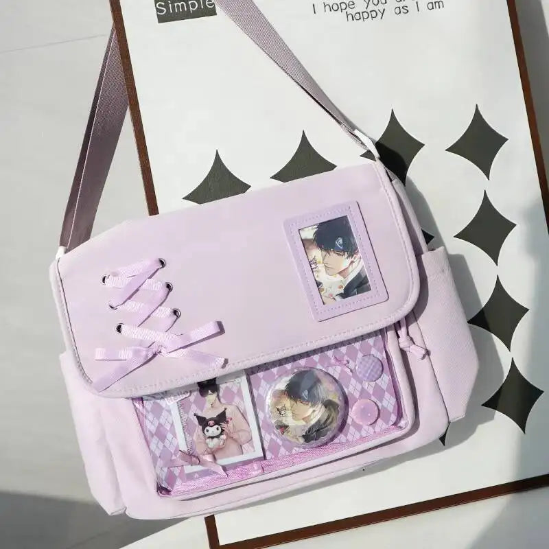 Jirai Kei Black Lace-Up Ita Messenger Bag with Clear Window Purple Only Bag 35x28x7cm Shoptery