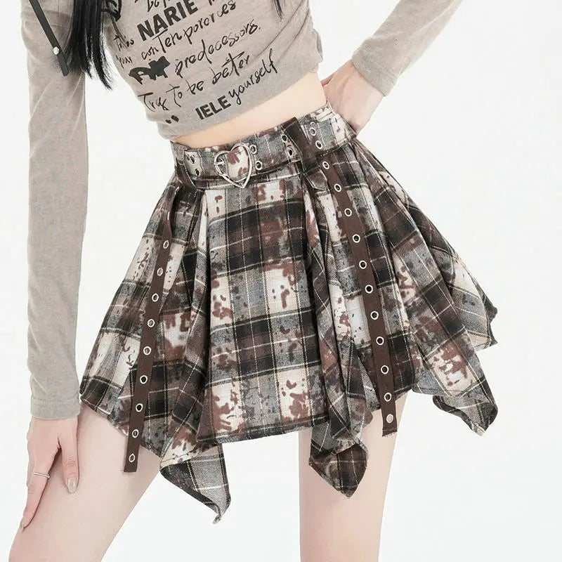 Heartcore Buckled Plaid Retro Skirt Khaki Shoptery