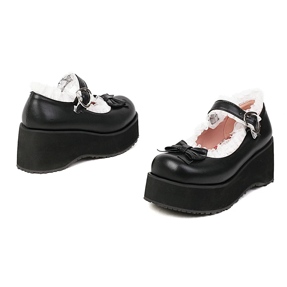 Jirai Kei Pink Lace Ruffle Bow Platform Mary Jane Shoes Sizes 31–48 black Shoptery
