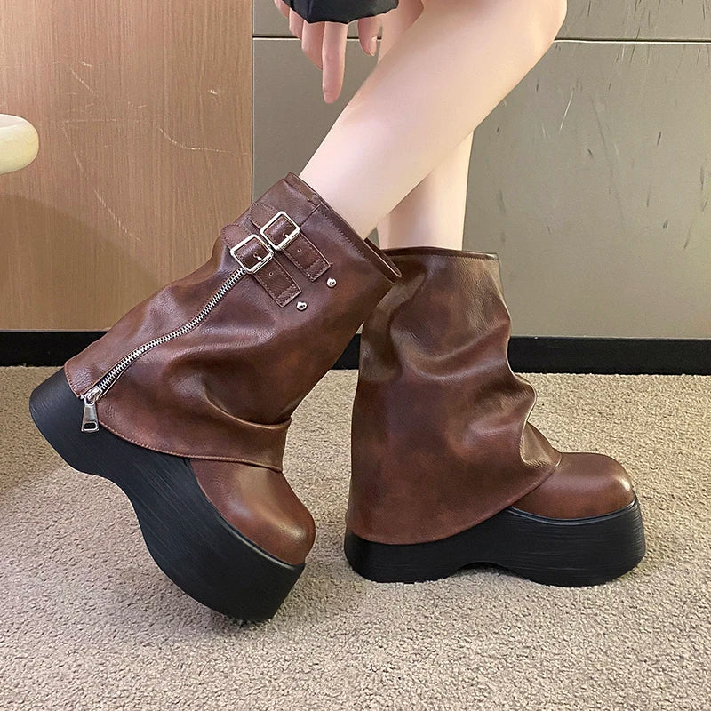 Visual Kei Black Platform Zip Buckle Ankle Boots Brown Shoptery