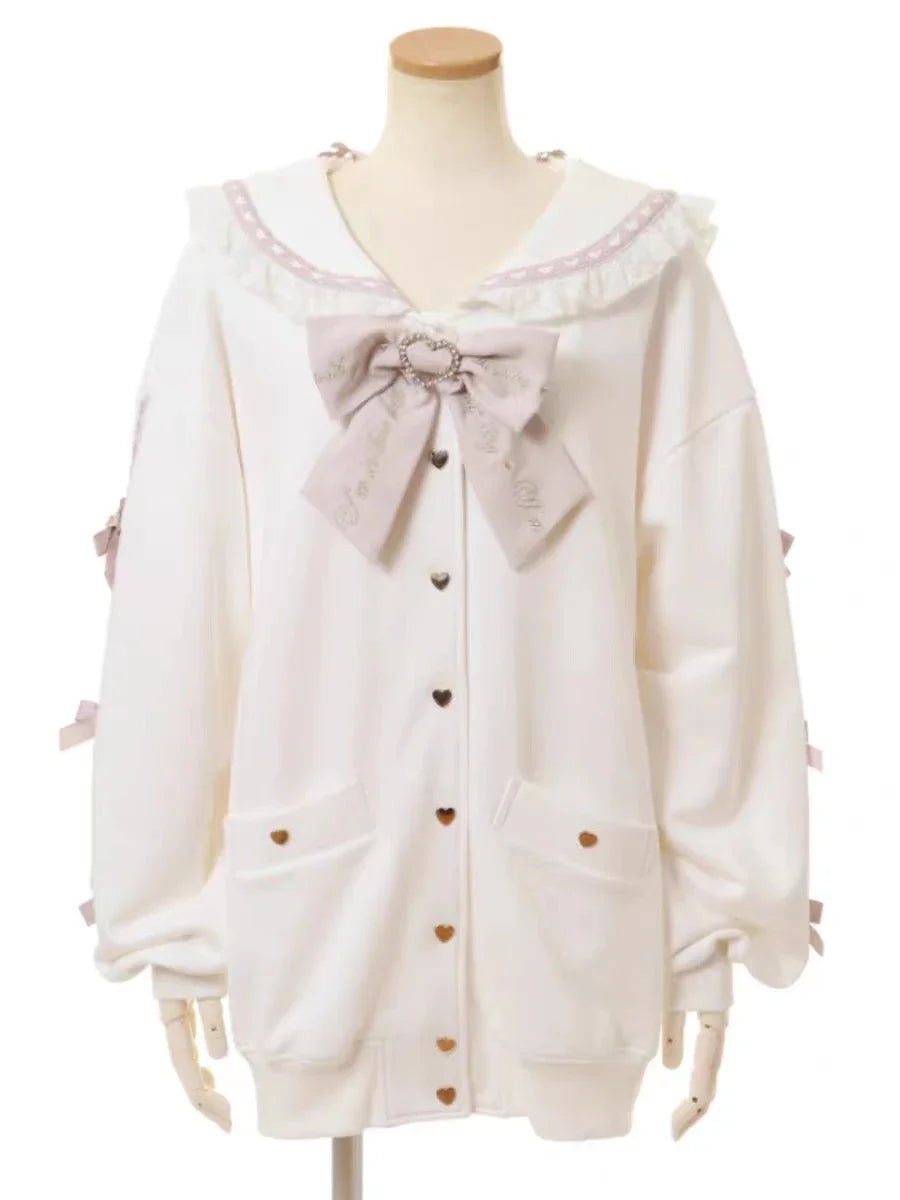 Jirai Kei Black Sailor Collar Heart Button Bow Ribbon Knit Cardigan WHITE One Size Shoptery