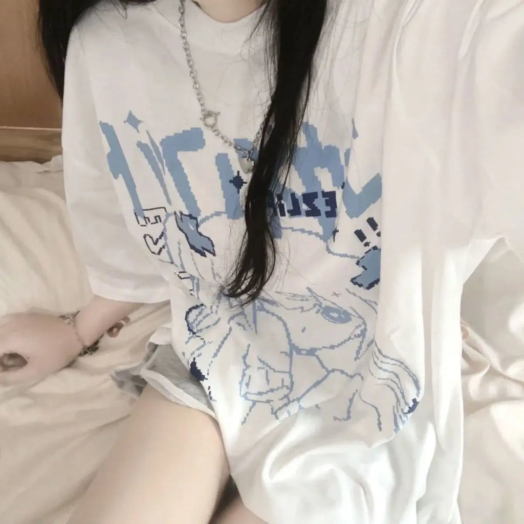 Menhera Pixel Anime Girl Graphic Oversized Cotton Tee Shoptery