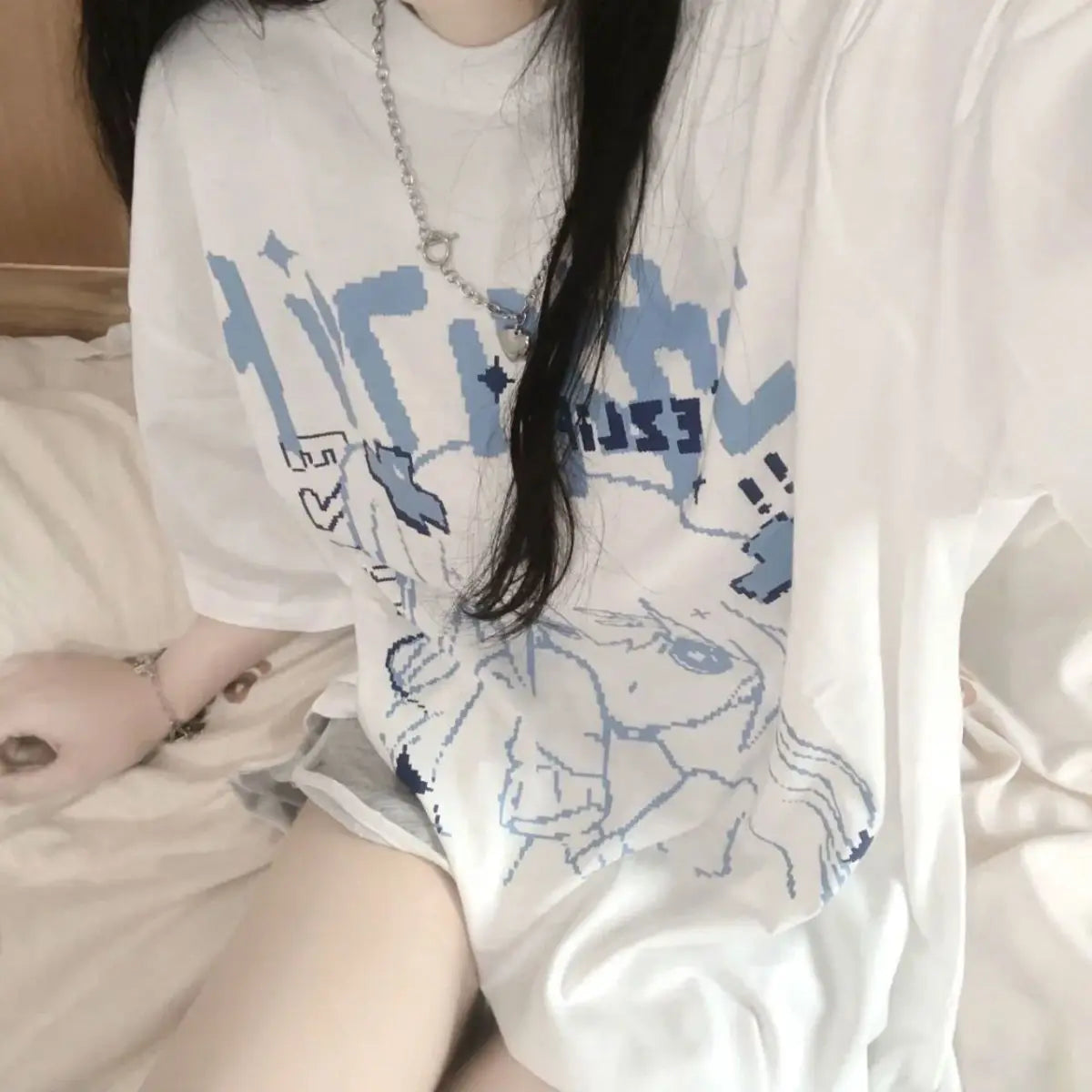 Menhera Pixel Anime Girl Graphic Oversized Cotton Tee Shoptery