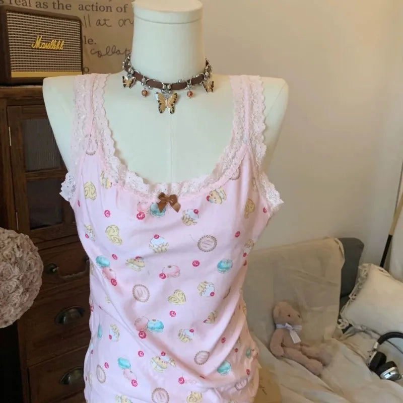 Fairy Kei Sweets Print Lace Camisole Top with Butterfly Accessories Shoptery