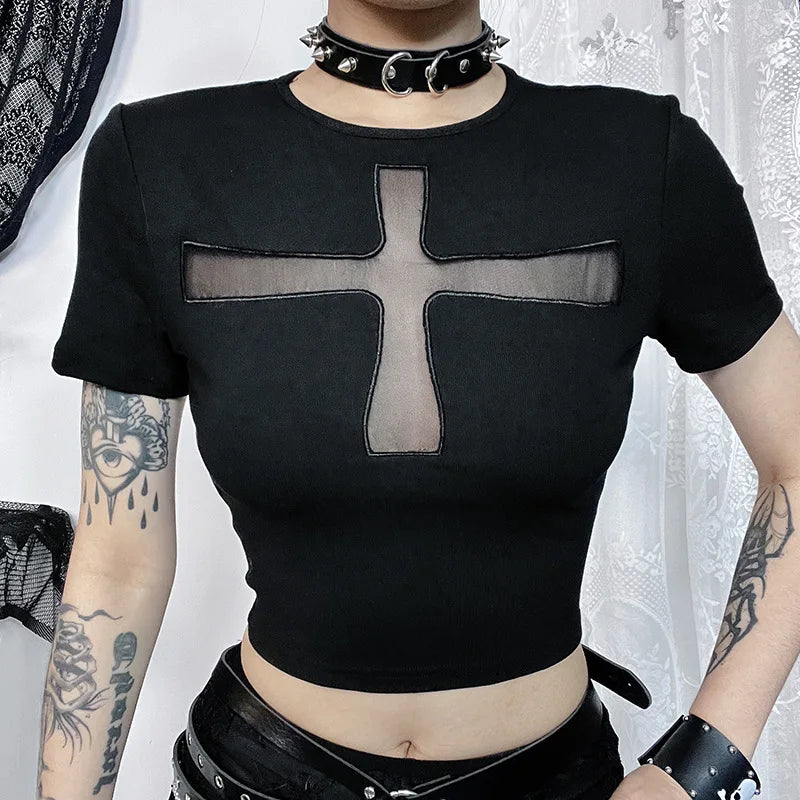 Hexed Mesh Panel Alt Goth Top black Shoptery