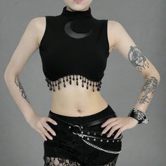 Moonshade Beaded Turtleneck Alt Crop Top black Shoptery