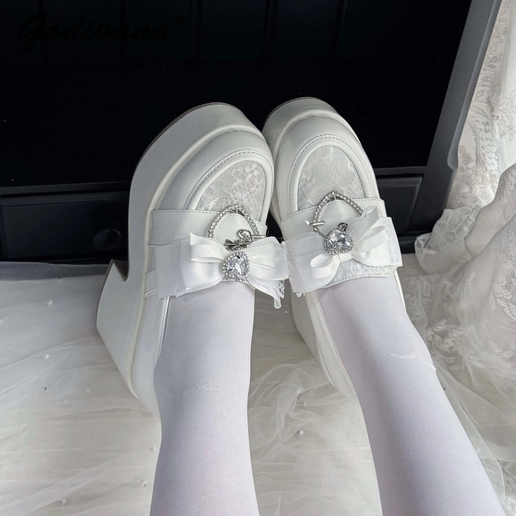 Jirai Kei Patent Lace Bow Platform Loafer Heels in Pink WHITE Shoptery