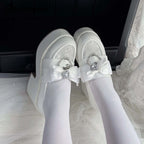 Jirai Kei Patent Lace Bow Platform Loafer Heels in Pink WHITE Shoptery