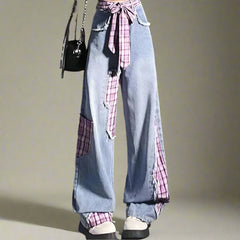 Plaid Patchwork Edgy Ribbon Jeans 2 Shoptery