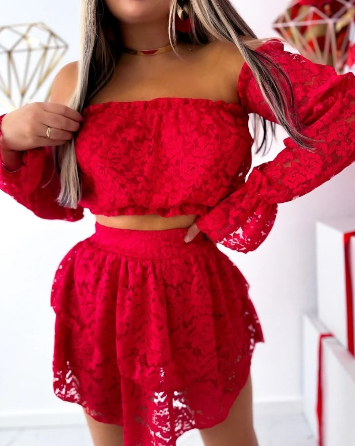 Women's Long Sleeve Crop Top Skirt Set