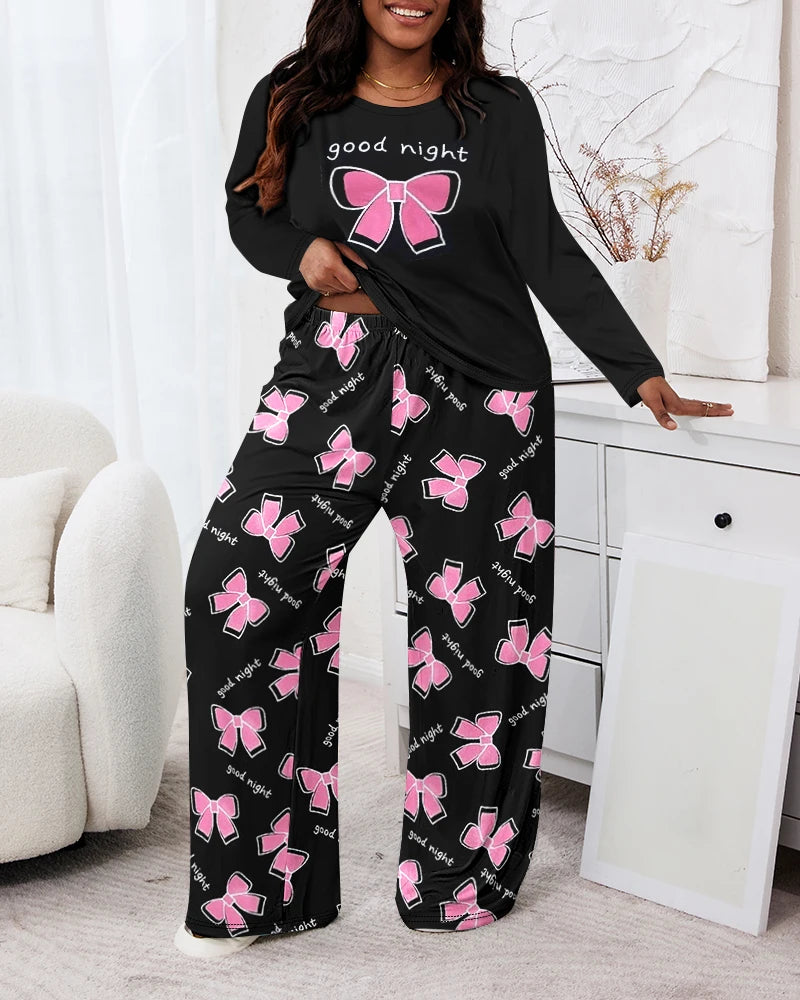 Women's Bow Print Long Sleeved Shirt and Pants Set