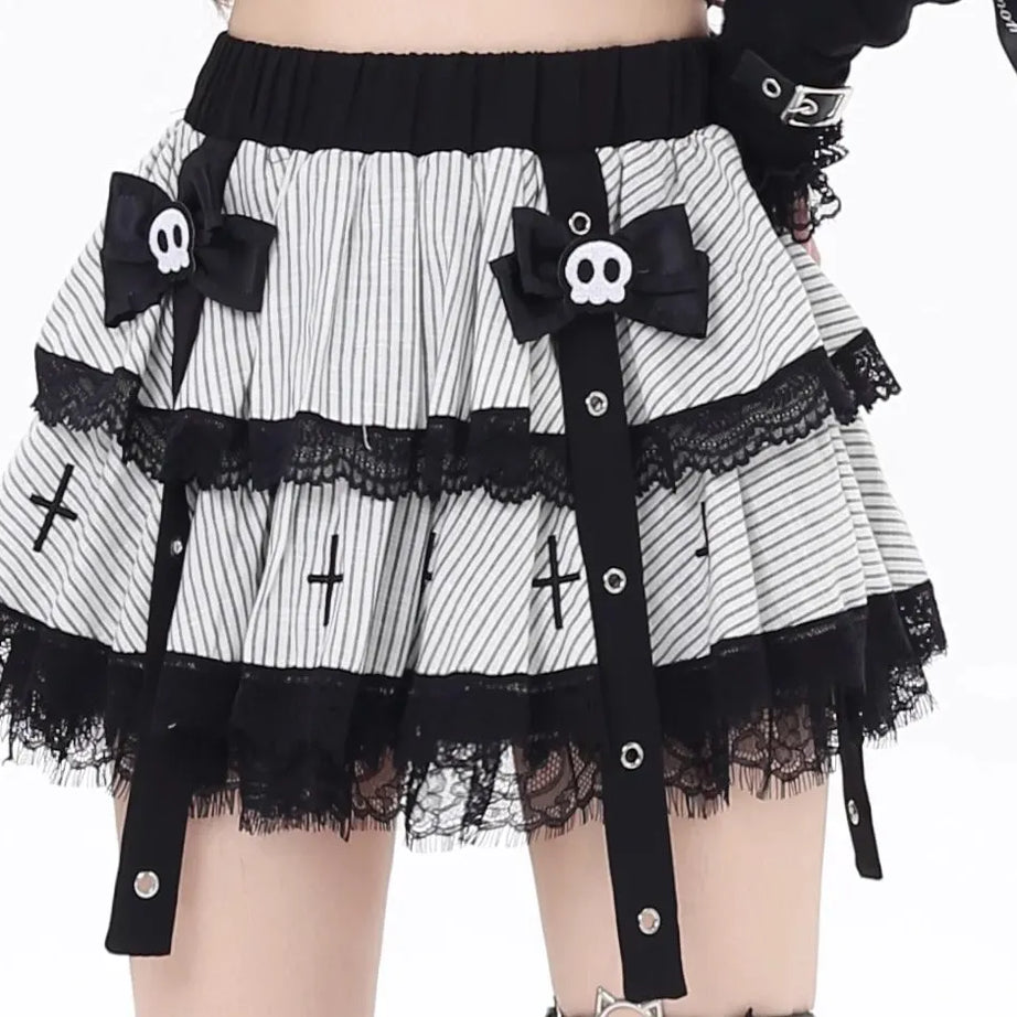 Skull Bow Lolita Layered Kawaii Goth Skirt White Shoptery