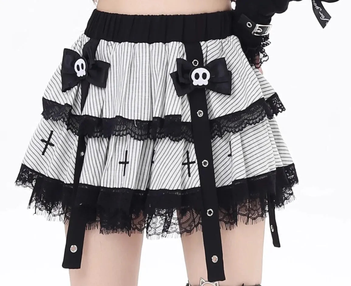 Skull Bow Lolita Layered Kawaii Goth Skirt White Shoptery