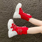 Jirai Kei Red Gingham Platform High-Top Lace-Up Boots with Star Buckle Red Shoptery