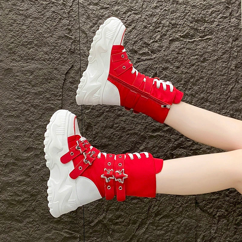 Jirai Kei Red Gingham Platform High-Top Lace-Up Boots with Star Buckle Red Shoptery