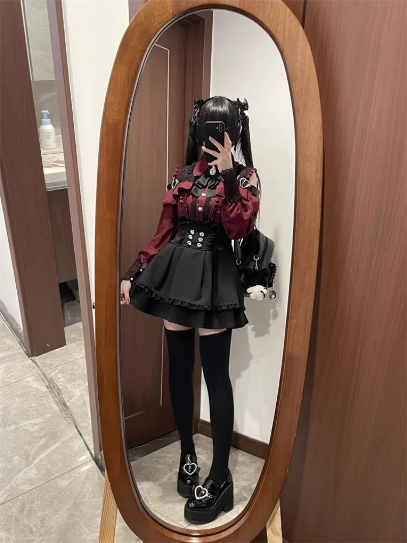 Jirai Kei Red Ruffle Blouse & Black Pleated Skirt Gothic Set Shoptery