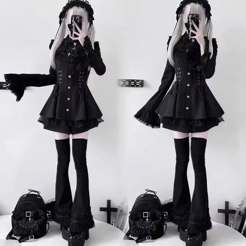 Jirai Kei Gothic Cross Lace Ruffle Blouse & Shorts Set Shoptery