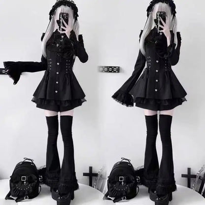 Jirai Kei Gothic Cross Lace Ruffle Blouse & Shorts Set Shoptery