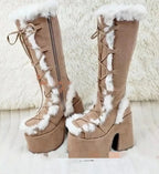 Jirai Kei Faux Fur Lace-Up Knee-High Platform Boots Light Brown Shoptery