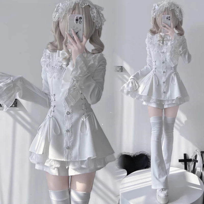 Jirai Kei Gothic Cross Lace Ruffle Blouse & Shorts Set Shoptery