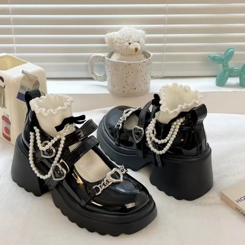 Jirai Kei Pearl Chain Heart Buckle Patent Platform Mary Janes Shoptery
