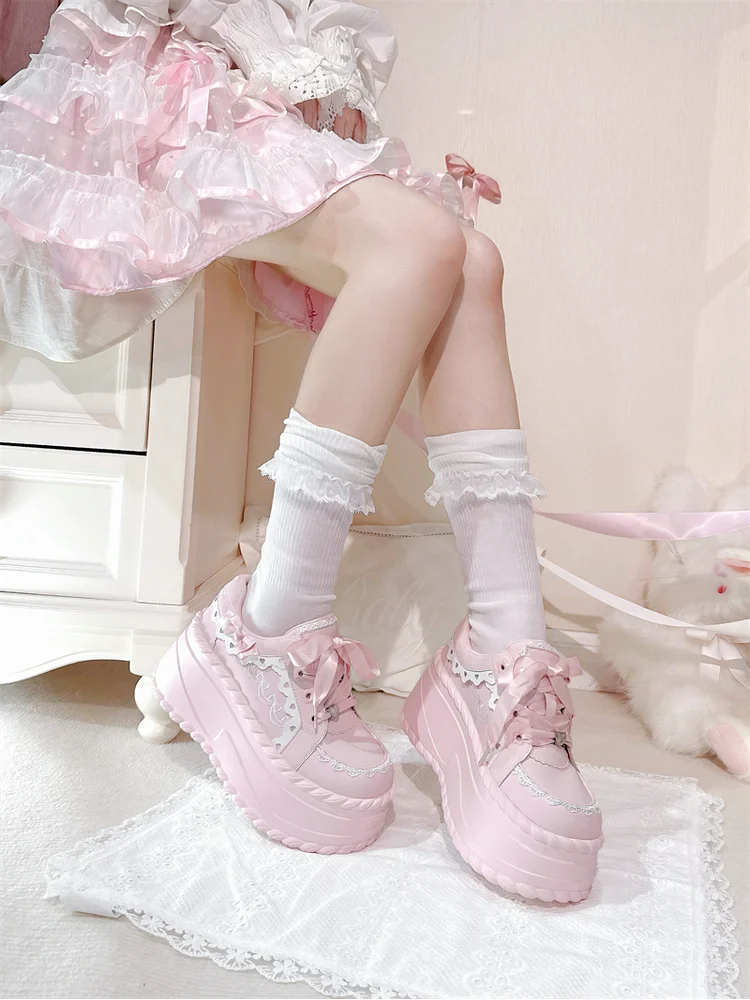 Jirai Kei Satin Ribbon Lace Trim Platform Chunky Sneakers Secondary image
