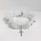 Visual Kei Lace Ruffle Cross Charm Angel Wing Spike Choker Necklace White Shoptery