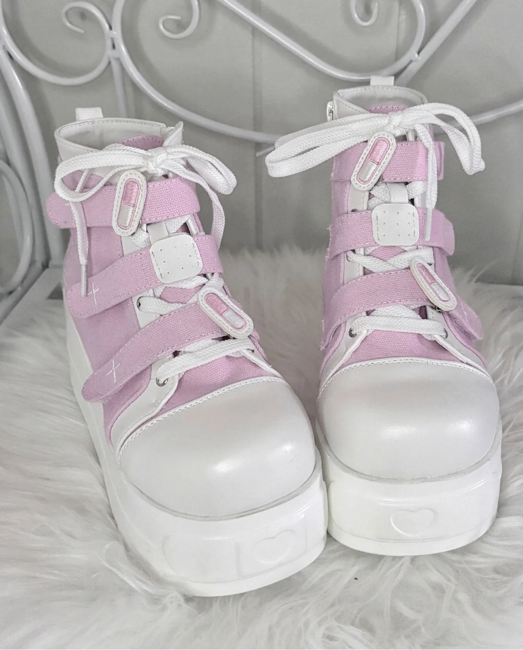 Fairy Kei Pastel Blue Platform Lace-Up High-Top Sneaker Boots Pink Shoptery