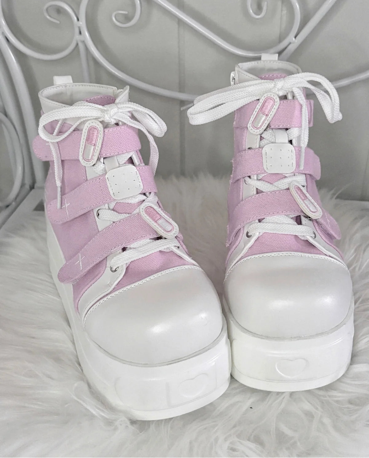 Fairy Kei Pastel Blue Platform Lace-Up High-Top Sneaker Boots Pink Shoptery
