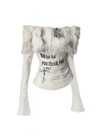 Gyaru Faux Fur Off-Shoulder Bell Sleeve Fitted Top WHITE Shoptery