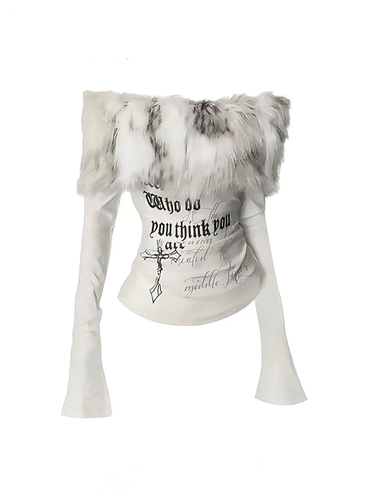 Gyaru Faux Fur Off-Shoulder Bell Sleeve Fitted Top WHITE Shoptery