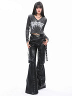 Visual Kei Faux Leather Flare Cargo Pants with Mesh Top Set Shoptery