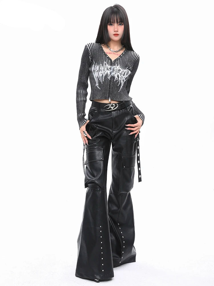 Visual Kei Faux Leather Flare Cargo Pants with Mesh Top Set Shoptery