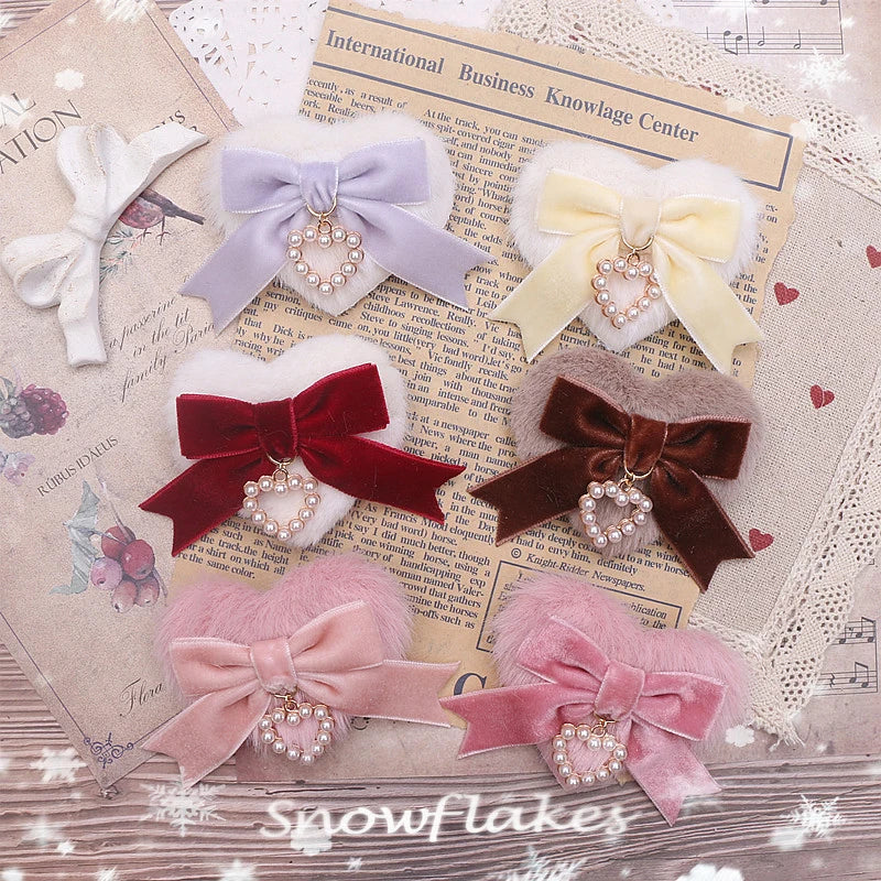 Jirai Kei Fluffy Heart Velvet Bow Pearl Charm Hair Clip Shoptery