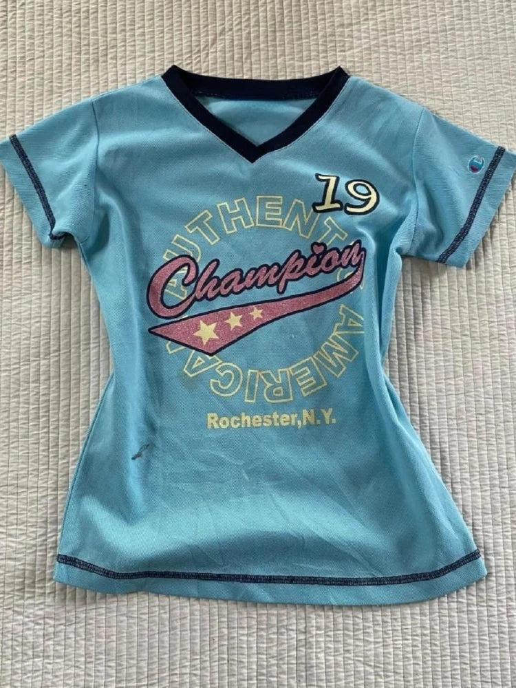 Y2K Sporty Star Graphic Top Blue Shoptery