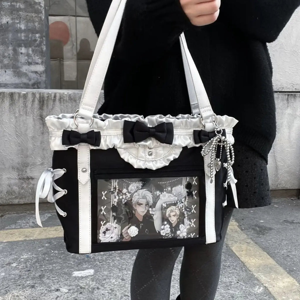 Jirai Kei Gothic Ita Tote Bag with Bows, Frills & Pearl Charms black only bag Shoptery