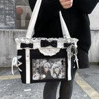 Jirai Kei Gothic Ita Tote Bag with Bows, Frills & Pearl Charms black only bag Shoptery