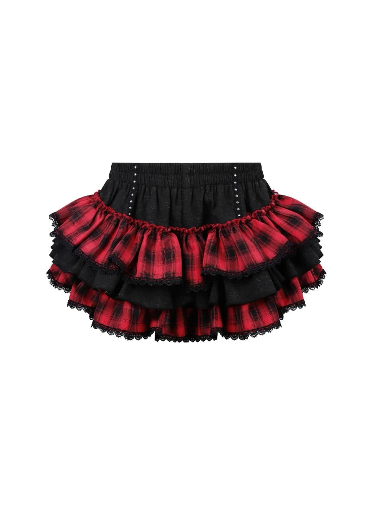 Jirai Kei Dark Cross Ruffle Tiered Plaid Skirt & Top Two-Piece Set Shoptery