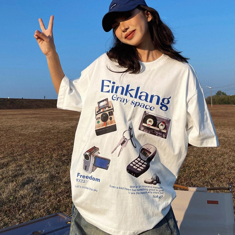 Retro Tech Print Y2k T-Shirt Shoptery