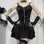 Visual Kei Black Velvet Corset Lace-Up Cross Tiered Mini Skirt Shoptery