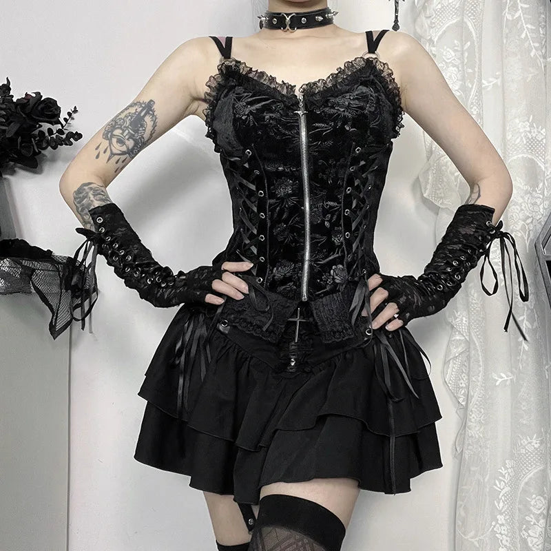 Visual Kei Black Velvet Corset Lace-Up Cross Tiered Mini Skirt Shoptery