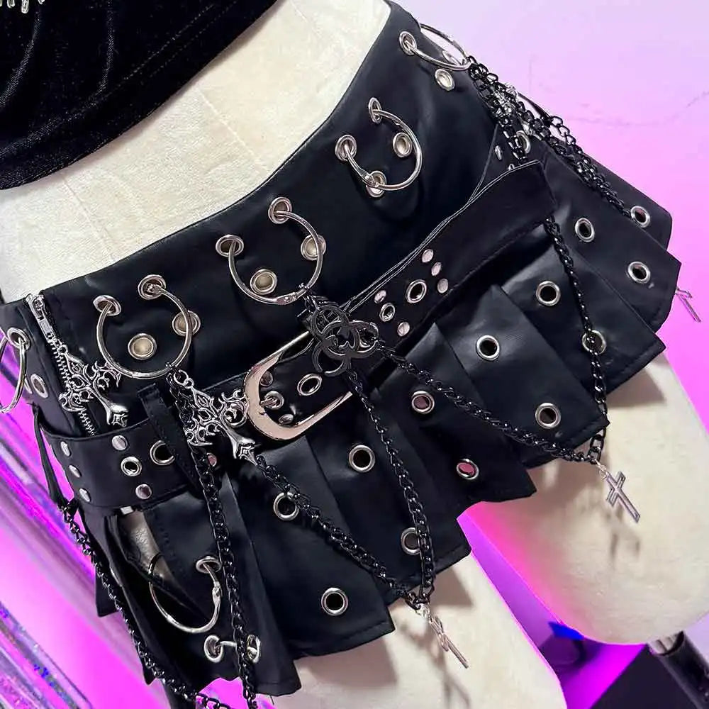 Visual Kei PU Leather Pleated Mini Skirt with Chains & Cross Charms Shoptery