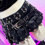 Visual Kei PU Leather Pleated Mini Skirt with Chains & Cross Charms Shoptery