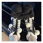 Jirai Kei Plush-Trim Platform Boots with Bow & Pompom Lace-Up Shoptery