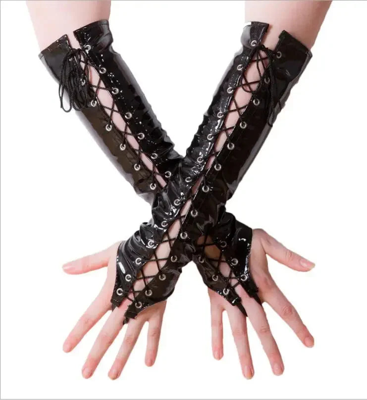 Visual Kei Black PVC Lace-Up Fingerless Arm Warmers with Eyelets black One Size Shoptery